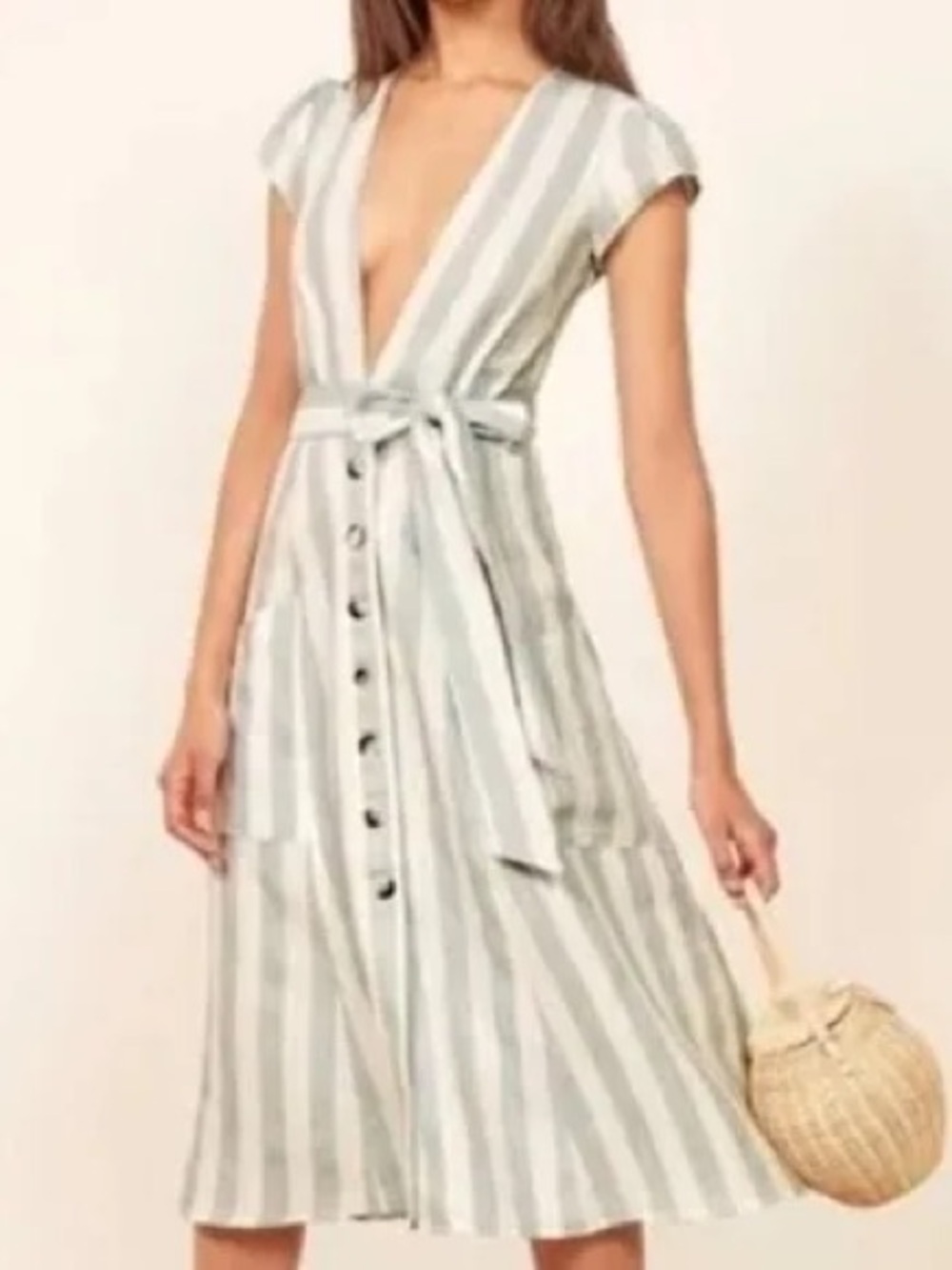 Reformation Bayu light blue and Cream Striped Midi Dress